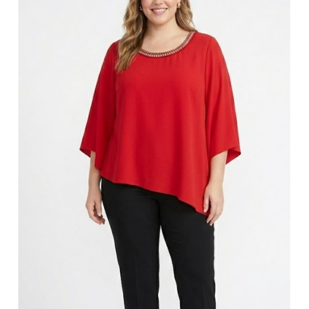 Zac & Rachel Blouse 1X Red Beaded Neck Kimono Sleeve Asymmetrical Hem Evening‎